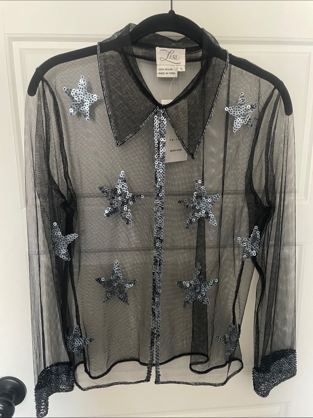 Sheer Black Net Top with Sequin Stars & Bead Trim Celestial Magic Wizard Fairy S